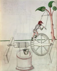 Hombre poniendo en movimiento un pozo impulsado por rueda, ilustración de 
